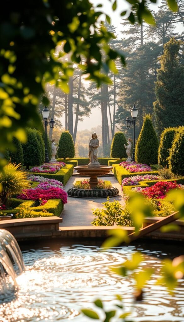 A tranquil garden oasis, bathed in warm, golden light filtering through lush foliage. In the foreground, a serene water feature with cascading streams and a gently rippling surface, inviting deeper contemplation. In the middle ground, an ornate garden sculpture or statue stands as a captivating focal point, drawing the eye inward. Surrounding this central feature, a tapestry of vibrant, meticulously curated flowering plants and neatly trimmed hedges frame the scene, creating a sense of balance and harmony. In the background, a backdrop of towering trees and a distant horizon blur into a soft, atmospheric haze, enhancing the depth and perspective of the composition.