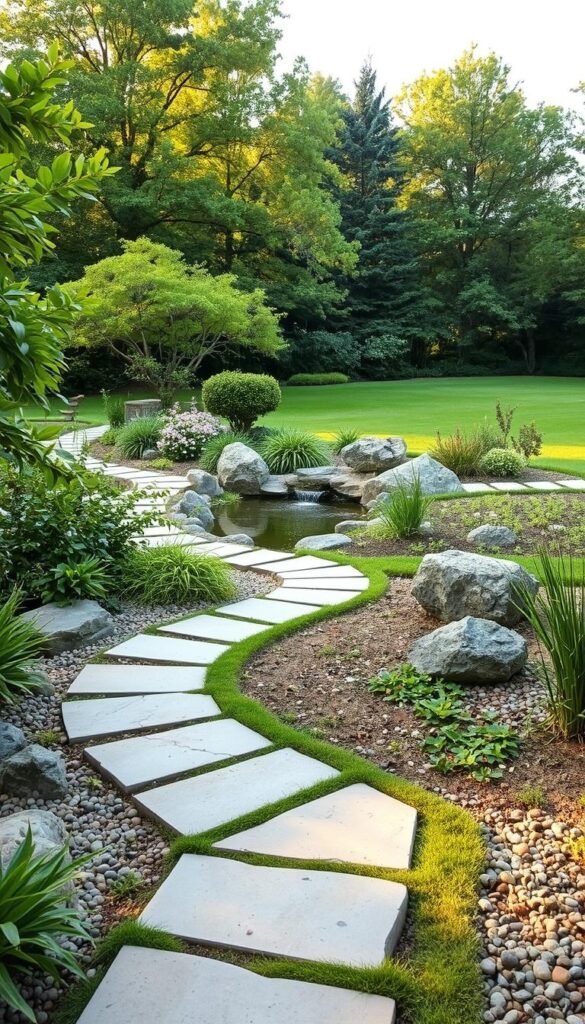 A tranquil garden oasis, with a harmonious blend of hardscape and softscape elements. In the foreground, a winding stone path meanders through lush greenery, punctuated by strategically placed boulders and pebbles. The middle ground showcases a serene water feature, its gentle flow complemented by the verdant foliage and delicate flowering plants surrounding it. In the background, a well-manicured lawn seamlessly transitions into a backdrop of towering trees, casting a warm, dappled light upon the scene. The overall composition conveys a sense of balance, inviting the viewer to immerse themselves in this peaceful, contemplative environment.