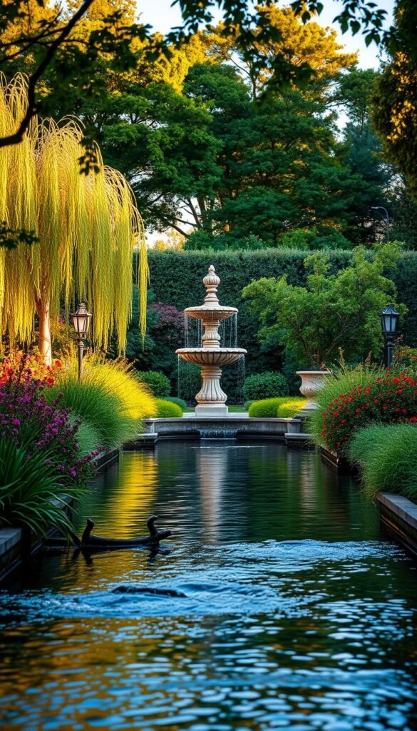 A tranquil garden oasis with a serene water feature, captured in warm, golden-hour light. In the foreground, a gently flowing stream or pond, its surface reflecting the lush greenery and vibrant blooms surrounding it. Wispy willow trees and fragrant flowers line the banks, creating a soothing, natural ambiance. The middle ground showcases an elegant, sculpted fountain, its cascading water creating a mesmerizing display. In the background, a verdant canopy of trees and shrubs frames the scene, lending a sense of depth and enclosure. The overall atmosphere evokes a peaceful, restorative retreat, where the calming presence of water enhances the beauty and harmony of the garden design.