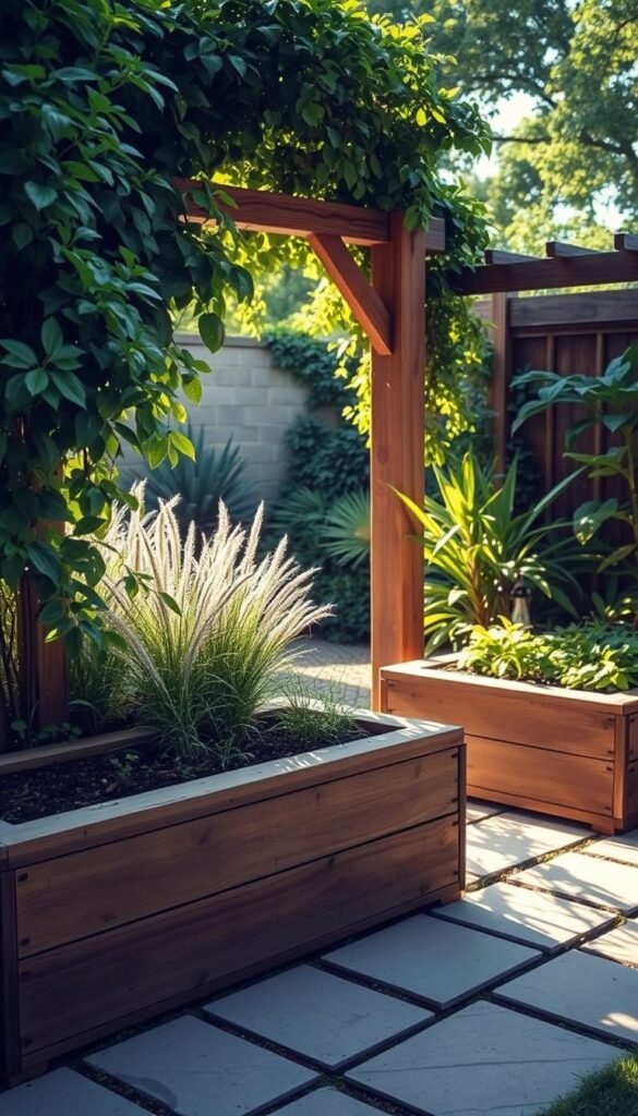 A tranquil garden setting, showcasing an array of materials - rustic wooden planters, smooth stone pavers, vibrant greenery, and a quaint arbor. Sunlight filters through the lush foliage, casting a warm, inviting glow. The composition is balanced, with the materials artfully arranged to create a harmonious and visually appealing scene. The image conveys a sense of natural beauty, simplicity, and the potential for a well-designed rectangular garden layout.