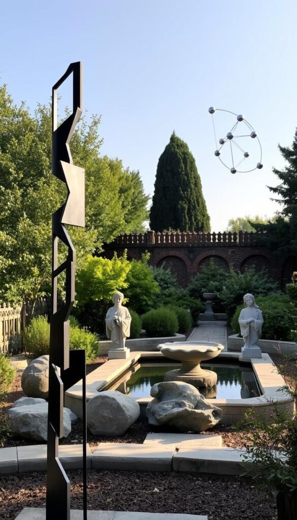 A tranquil garden setting with an assortment of distinctive sculptural pieces. In the foreground, a striking abstract metal sculpture stands tall, its geometric forms catching the soft afternoon light. In the middle ground, a serene water feature is flanked by a pair of classical stone figures, their weathered surfaces complementing the lush foliage. Towards the back, a whimsical kinetic sculpture gently sways in the breeze, creating a mesmerizing interplay of shadows and movement. The overall atmosphere is one of elegance and contemplation, inviting the viewer to explore the harmonious integration of art and nature.