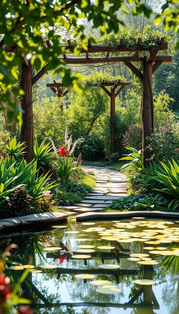 A tranquil healing garden, bathed in soft, natural light. In the foreground, a serene pond reflects the gentle sway of lush, verdant foliage. Diverse, calming plants line the perimeter, their vibrant hues and delicate textures creating a soothing atmosphere. A winding stone path leads the eye through the scene, inviting exploration and introspection. In the background, a picturesque wooden arbor frames the view, its structure intertwined with delicate vines and blooming flowers. The overall composition exudes a sense of balance, harmony, and restorative energy, capturing the essence of a healing garden that nourishes the mind, body, and soul. A tranquil healing garden, bathed in soft, natural light. In the foreground, a serene pond reflects the gentle sway of lush, verdant foliage. Diverse, calming plants line the perimeter, their vibrant hues and delicate textures creating a soothing atmosphere. A winding stone path leads the eye through the scene, inviting exploration and introspection. In the background, a picturesque wooden arbor frames the view, its structure intertwined with delicate vines and blooming flowers. The overall composition exudes a sense of balance, harmony, and restorative energy, capturing the essence of a healing garden that nourishes the mind, body, and soul.