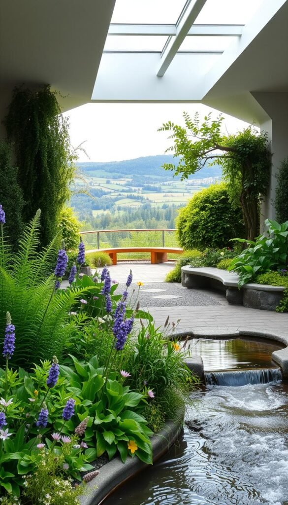 A tranquil healing garden scene, bathed in soft, diffused natural light from an overhead skylight. In the foreground, a carefully curated arrangement of lush, verdant plants and flowers - towering ferns, fragrant lavender, and delicate wildflowers. A gently flowing water feature, its calming sounds punctuating the stillness. In the middle ground, a smooth, paved path leading to a secluded seating area, with wooden benches and stone accents. The background showcases a panoramic view of a verdant landscape, with rolling hills and a distant horizon. An atmosphere of serene contemplation and rejuvenation pervades the space.