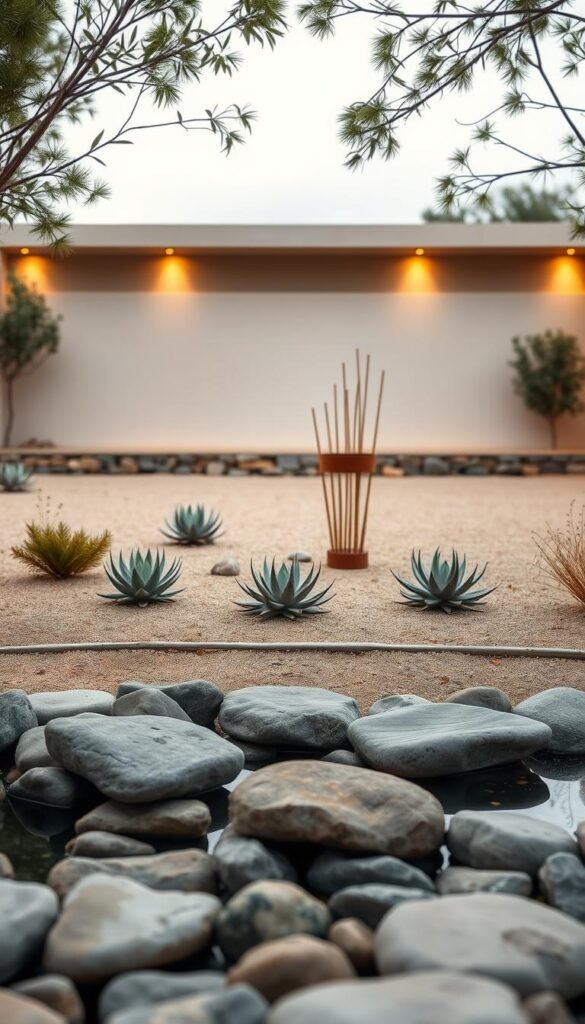 A tranquil, minimalist landscape featuring clean lines, balanced shapes, and natural textures. In the foreground, smooth river stones and a zen-inspired water feature create a serene focal point. The middle ground showcases a sparse arrangement of sculptural succulents and grasses, their muted hues complementing the earthy tones. Framing the scene, a backdrop of simple, geometric architectural elements - a low, stone wall and minimal, angular pavilion - blend seamlessly with the surrounding environment, illuminated by warm, natural lighting. The overall atmosphere evokes a sense of understated elegance and harmony, embodying the essence of modern, minimalist landscape design.