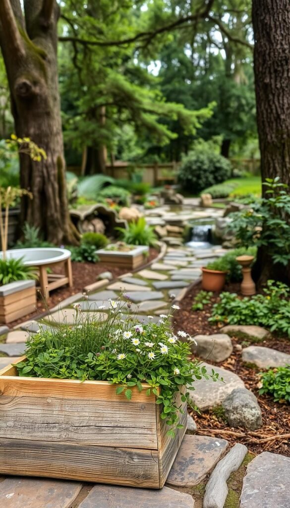 A tranquil outdoor oasis showcasing an assortment of natural garden materials. In the foreground, a weathered wooden planter overflows with lush greenery and delicate wildflowers. Midground features a winding path of smooth river rocks leading to a serene water feature, its gentle sounds creating a calming ambiance. The background is framed by towering trees, their branches casting a soft, dappled light across the scene. Moss-covered stones, natural wood accents, and earthy textures combine to evoke a sense of harmony and connection with the natural world. The overall impression is one of peaceful relaxation, inviting the viewer to immerse themselves in this therapeutic garden retreat.