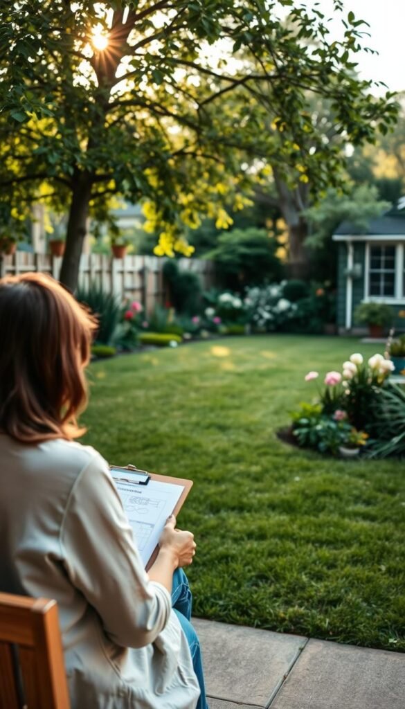 A tranquil outdoor space comes into focus, with a well-manicured lawn stretching out before a thoughtfully designed garden. In the foreground, a person sits on a rustic wooden bench, clipboard in hand, intently studying the layout and features of the space. Soft, warm lighting filters through the trees, casting a serene glow over the scene. The middle ground showcases a variety of lush, vibrant plants and flowers, hinting at the potential for this neglected yard to blossom into a true oasis. In the background, the outlines of a modest but charming home provide a sense of place and context. The overall atmosphere is one of contemplation, possibility, and the promise of a transformative garden design.