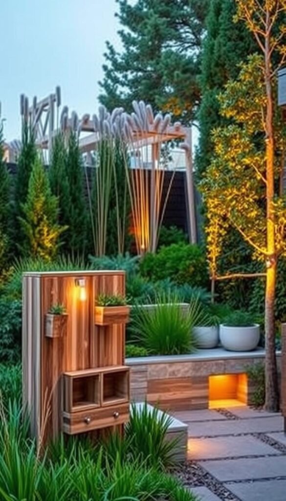 A tranquil outdoor space featuring innovative, multifunctional garden walls. The foreground showcases a modular wall system crafted from natural materials like wood and stone, seamlessly blending into the lush, verdant landscaping. The middle ground reveals various integrated elements, such as vertical planting pockets, hidden storage compartments, and built-in seating nooks. Warm, diffused lighting from discreet fixtures casts a gentle glow, creating a cozy, inviting atmosphere. In the background, a mix of tall, wispy plants and carefully pruned trees frame the scene, emphasizing the harmonious integration of the garden walls within the overall outdoor environment. The composition evokes a sense of functionality, versatility, and a seamless connection between the built and natural elements. A tranquil outdoor space featuring innovative, multifunctional garden walls. The foreground showcases a modular wall system crafted from natural materials like wood and stone, seamlessly blending into the lush, verdant landscaping. The middle ground reveals various integrated elements, such as vertical planting pockets, hidden storage compartments, and built-in seating nooks. Warm, diffused lighting from discreet fixtures casts a gentle glow, creating a cozy, inviting atmosphere. In the background, a mix of tall, wispy plants and carefully pruned trees frame the scene, emphasizing the harmonious integration of the garden walls within the overall outdoor environment. The composition evokes a sense of functionality, versatility, and a seamless connection between the built and natural elements.