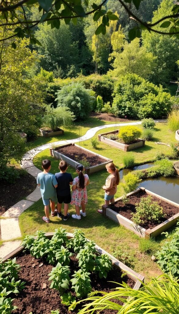 A tranquil school garden site with lush foliage, meandering pathways, and a serene pond. In the foreground, a group of students examine soil samples and observe the local flora and fauna. The middle ground features raised garden beds and a compost area, while the background showcases a diverse range of native plants and trees, bathed in warm, natural lighting. The overall atmosphere is one of curiosity, learning, and a deep connection to the natural world.