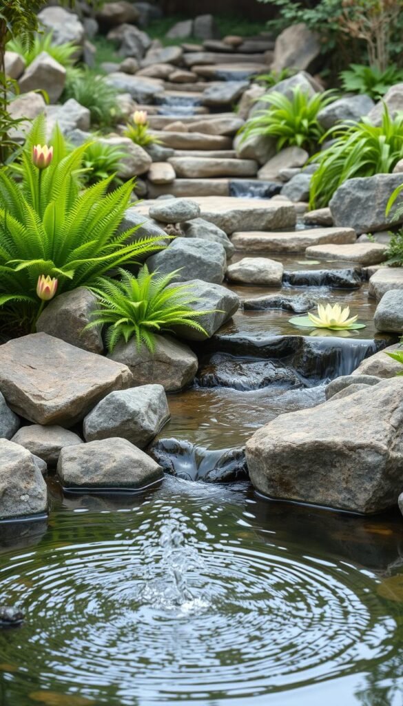 A tranquil water feature design, showcasing a natural blend of rocks, plants, and cascading water. In the foreground, a serene pond with gently rippling water reflecting the surrounding foliage. Scattered boulders of varying sizes create a rustic, organic feel, while vibrant greenery, including lush ferns and blooming water lilies, add pops of color and texture. The middle ground features a trickling stream, its path defined by strategically placed stones, leading the eye deeper into the scene. Soft, diffused lighting creates a calming, almost ethereal atmosphere, highlighting the interplay of water, stone, and verdant life. Captured from a low angle, the composition emphasizes the soothing, contemplative nature of this enchanting water feature design.