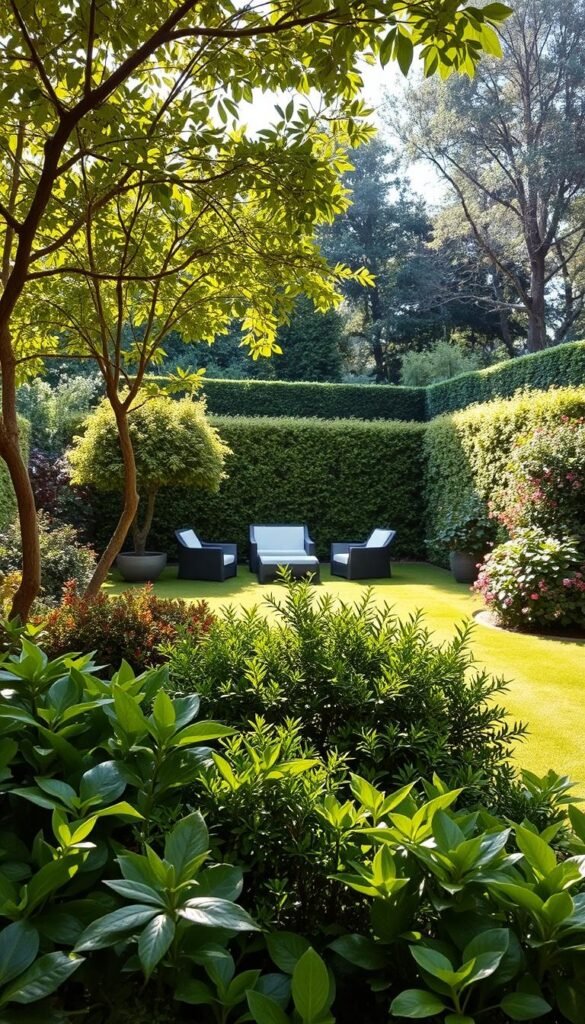 A tranquil, well-designed small yard showcasing the benefits of modern garden techniques. In the foreground, lush, vibrant greenery in diverse foliage patterns and textures creates a sense of depth and visual interest. A neatly pruned shrub or two provides structure. The middle ground features a minimalist, modern seating area with sleek, clean-lined furniture, inviting relaxation. Dappled sunlight filters through the trees, casting a warm, golden glow. In the background, a neatly manicured lawn seamlessly blends with surrounding hedges, trees, and flowers, creating a sense of cohesion and seamless integration with the wider landscape. The overall scene exudes a serene, harmonious atmosphere, demonstrating how a small yard can be maximized through careful planning and design.