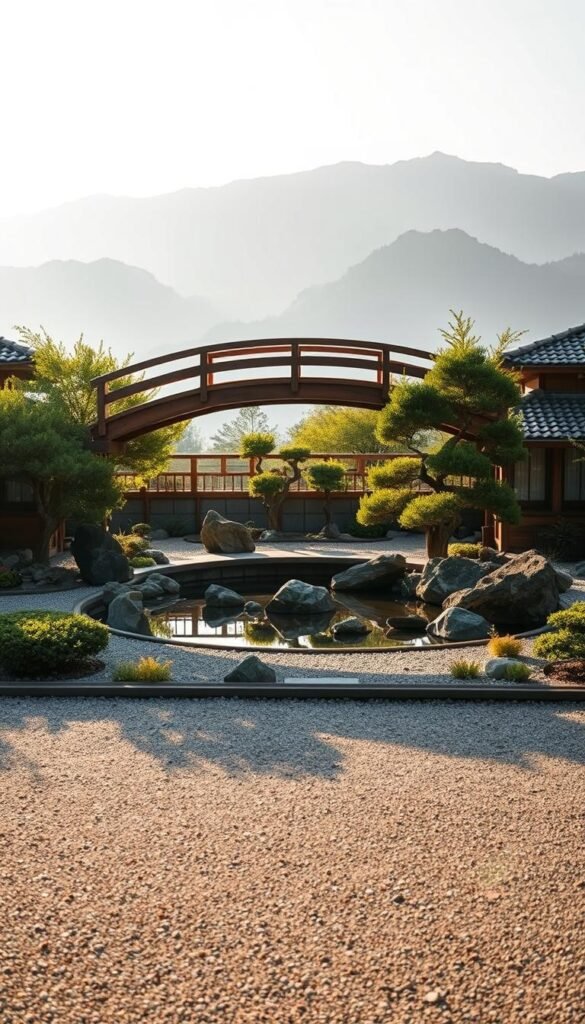 A tranquil zen garden, bathed in soft, warm light. In the foreground, smooth stones and raked gravel create a calming, minimalist pattern. A wooden bridge arches gracefully over a small pond, its surface reflecting the lush, verdant foliage surrounding it. In the middle ground, a carefully curated arrangement of bonsai trees and carefully placed rocks establish a sense of natural balance and harmony. In the background, mountains rise up, their silhouettes hazy in the distance, completing the serene, meditative landscape. A tranquil zen garden, bathed in soft, warm light. In the foreground, smooth stones and raked gravel create a calming, minimalist pattern. A wooden bridge arches gracefully over a small pond, its surface reflecting the lush, verdant foliage surrounding it. In the middle ground, a carefully curated arrangement of bonsai trees and carefully placed rocks establish a sense of natural balance and harmony. In the background, mountains rise up, their silhouettes hazy in the distance, completing the serene, meditative landscape.