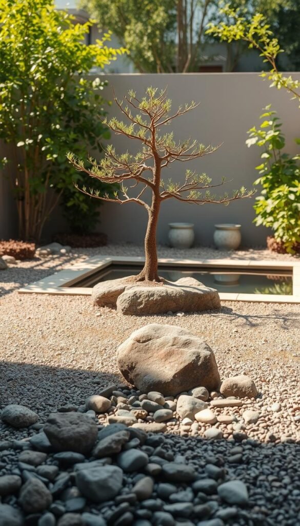 A tranquil zen garden oasis, bathed in warm, natural light. In the foreground, carefully arranged rocks and pebbles create a minimalist yet captivating display. The middle ground features a singular, meticulously pruned bonsai tree, its branches reaching towards the sky. In the background, a serene water feature reflects the surrounding foliage, inviting a sense of calm and contemplation. The composition is balanced, with clean lines and a harmonious color palette of earthy greens, grays, and browns. This image evokes a pocket of tranquility, a sanctuary of mindfulness and inner peace within a small, urban yard.