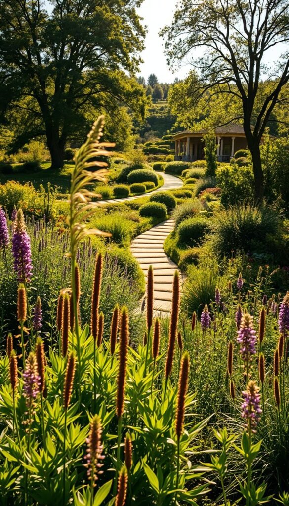A verdant landscape unfolds, showcasing a harmonious garden design that supports local ecosystems. In the foreground, lush native plants sway gently in the breeze, their vibrant colors and intricate textures attracting a diverse array of pollinators. In the middle ground, a meandering pathway winds through a carefully curated arrangement of shrubs and perennials, creating a sense of exploration and discovery. The background features a gently sloping terrain, with mature trees casting dappled shadows and providing a canopy of shade. The scene is bathed in warm, golden sunlight, casting a serene and inviting atmosphere. The entire composition conveys a sense of balance, sustainability, and a deep connection to the natural world. A verdant landscape unfolds, showcasing a harmonious garden design that supports local ecosystems. In the foreground, lush native plants sway gently in the breeze, their vibrant colors and intricate textures attracting a diverse array of pollinators. In the middle ground, a meandering pathway winds through a carefully curated arrangement of shrubs and perennials, creating a sense of exploration and discovery. The background features a gently sloping terrain, with mature trees casting dappled shadows and providing a canopy of shade. The scene is bathed in warm, golden sunlight, casting a serene and inviting atmosphere. The entire composition conveys a sense of balance, sustainability, and a deep connection to the natural world.
