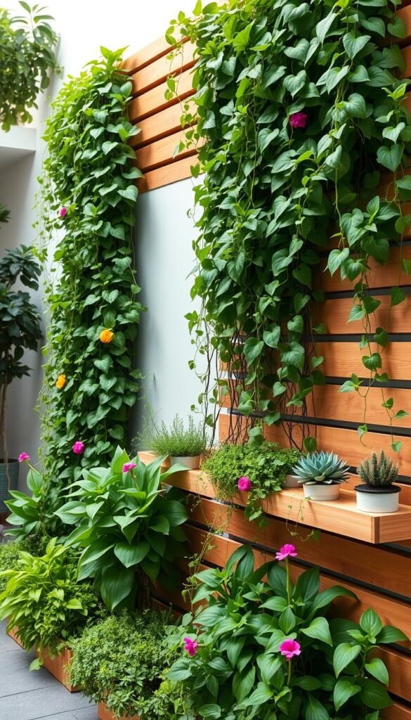 A verdant vertical garden with lush greenery cascading down a modern, minimalist wooden wall structure. The foreground features a mix of trailing vines, leafy plants, and vibrant flowers in a cohesive, artistic arrangement. The middle ground showcases potted succulents and compact shrubs strategically placed to create depth and visual interest. The background is a serene, bright environment with soft, natural lighting illuminating the scene. The overall composition conveys a sense of harmony, rejuvenation, and efficient space utilization, perfectly capturing the essence of creative vertical gardening ideas for small yards.