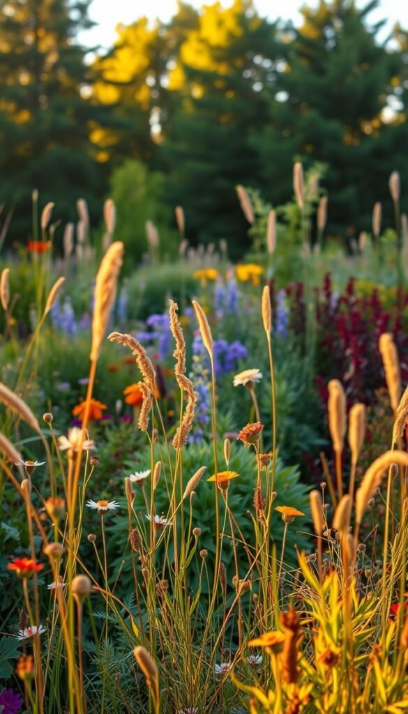 A vibrant garden filled with a lush array of native plants and nativars, bathed in warm, golden-hour lighting. In the foreground, delicate wildflowers and grasses sway gently, their intricate details captured with a shallow depth of field. The middle ground features a mix of perennials and shrubs, their foliage in a range of rich greens, reds, and purples. In the background, a verdant backdrop of mature trees frames the scene, creating a sense of depth and natural harmony. The overall composition conveys a tranquil, organic atmosphere, showcasing the beauty and diversity of regionally adapted, sustainable garden choices.