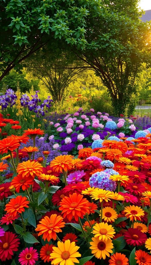 A vibrant, lush garden in full seasonal transition. The foreground bursts with an array of colorful blooms - vivid reds, oranges, and yellows of dahlias, marigolds, and zinnias. The middle ground showcases a tapestry of complementary hues, with purple irises, pink peonies, and blue hydrangeas. In the background, a canopy of verdant foliage frames the scene, hinting at the changing tones to come. Warm, golden afternoon light filters through, casting a radiant glow and accentuating the dynamic palette. The overall composition conveys a sense of harmony and the cyclical beauty of nature's evolution through the seasons. A vibrant, lush garden in full seasonal transition. The foreground bursts with an array of colorful blooms - vivid reds, oranges, and yellows of dahlias, marigolds, and zinnias. The middle ground showcases a tapestry of complementary hues, with purple irises, pink peonies, and blue hydrangeas. In the background, a canopy of verdant foliage frames the scene, hinting at the changing tones to come. Warm, golden afternoon light filters through, casting a radiant glow and accentuating the dynamic palette. The overall composition conveys a sense of harmony and the cyclical beauty of nature's evolution through the seasons.