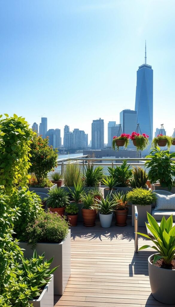 A vibrant rooftop garden, bathed in warm sunlight, showcasing the latest urban gardening trends. In the foreground, lush greenery cascades from raised planters, complemented by sleek, minimalist furniture. The middle ground features a mix of potted plants, hanging baskets, and vertical gardens, creating a verdant oasis. In the background, the cityscape's skyscrapers provide a striking contrast, highlighting the integration of nature and urban living. The overall scene conveys a sense of tranquility and rejuvenation, inspiring visitors to reimagine their own outdoor spaces.