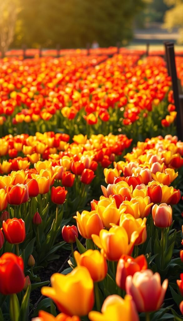 A vibrant tulip garden in full bloom, with rows of tulips in a dazzling array of colors - fiery reds, sunny yellows, delicate pinks, and deep purples. The flowers are arranged in a symmetrical, visually striking pattern, creating a captivating focal point. Warm, golden sunlight filters through the petals, casting a soft, glowing light over the scene. The foreground is sharp and detailed, drawing the viewer's eye to the intricate textures and shapes of the tulips. The middle ground features a slightly blurred backdrop of lush, verdant foliage, adding depth and dimension. In the distance, a glimpse of a picturesque garden path or fence line provides a sense of place and context. The overall atmosphere is one of vibrant, joyful celebration of nature's beauty.