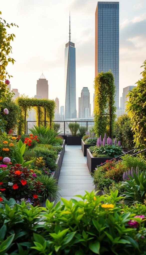 A vibrant urban garden transformation, lush with verdant foliage and vibrant blooms. The foreground showcases a meticulously curated arrangement of diverse flora, their colors and textures creating a captivating visual symphony. In the middle ground, neatly manicured pathways wind through raised garden beds, flanked by towering trellises adorned with cascading vines. The background reveals a striking cityscape, where modern architecture and skyscrapers blend seamlessly with the verdant oasis, symbolizing the harmonious integration of nature and urban design. Soft, diffused lighting casts a warm, inviting glow, evoking a sense of tranquility and rejuvenation amidst the bustling city. The overall composition conveys a harmonious balance, where the bold, innovative garden design breathes new life into the urban landscape.