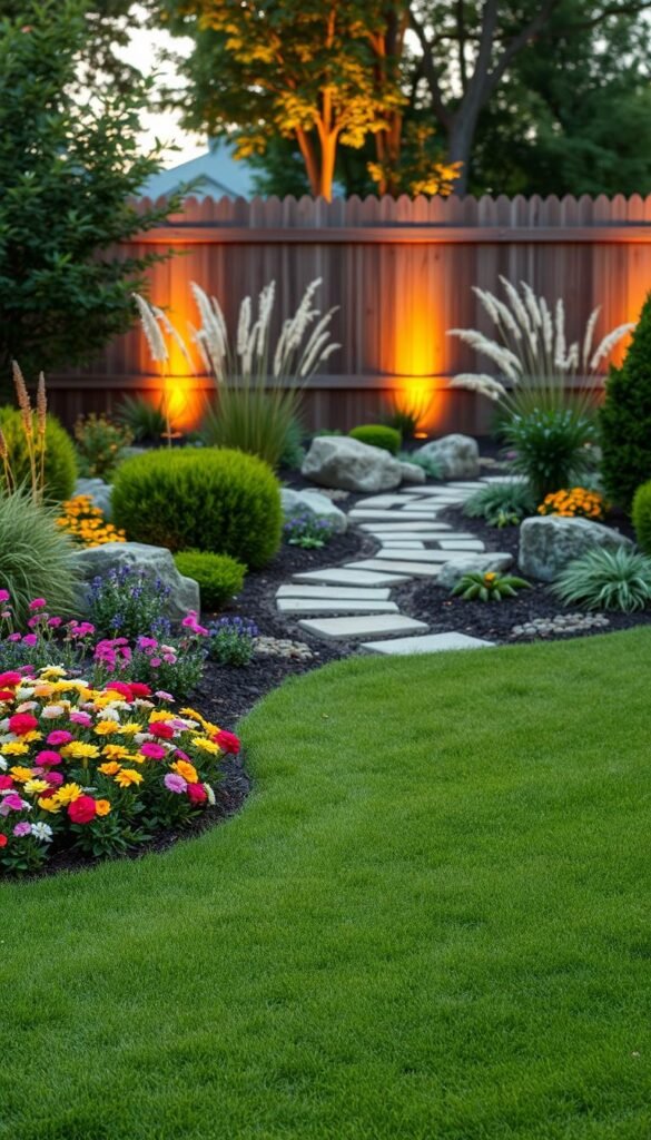 A vibrant, well-designed front yard that reflects your vision for a beautiful, functional outdoor living space. A lush, manicured lawn leads the eye towards a mix of colorful perennial flowers and neatly trimmed shrubs in the foreground. In the middle ground, a meandering stone path winds through a carefully curated garden bed, accentuated by strategically placed boulders and ornamental grasses. The background features a picturesque wooden fence, partially obscured by the foliage, creating a sense of depth and privacy. Warm, diffused lighting from tasteful landscape lighting fixtures casts a soft, inviting glow over the entire scene, conveying a tranquil and serene atmosphere.