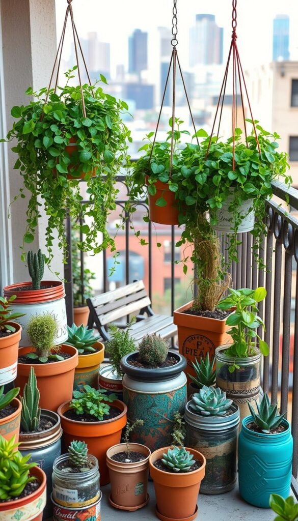 A vibrant, well-lit image of a DIY planter display showcasing a variety of upcycled, handmade planters in a small urban balcony setting. The foreground features an assortment of eclectic containers, including terracotta pots, repurposed tins, mason jars, and hanging baskets, overflowing with lush, cascading greenery. The middle ground depicts a cozy balcony scene with a wrought-iron railing, potted succulents, and a small wooden bench. The background hints at a cityscape with distant high-rise buildings, creating a sense of urban tranquility. The lighting is soft and natural, highlighting the textures and colors of the diverse planter collection. An overall atmosphere of creativity, sustainability, and compact garden inspiration. A vibrant, well-lit image of a DIY planter display showcasing a variety of upcycled, handmade planters in a small urban balcony setting. The foreground features an assortment of eclectic containers, including terracotta pots, repurposed tins, mason jars, and hanging baskets, overflowing with lush, cascading greenery. The middle ground depicts a cozy balcony scene with a wrought-iron railing, potted succulents, and a small wooden bench. The background hints at a cityscape with distant high-rise buildings, creating a sense of urban tranquility. The lighting is soft and natural, highlighting the textures and colors of the diverse planter collection. An overall atmosphere of creativity, sustainability, and compact garden inspiration.