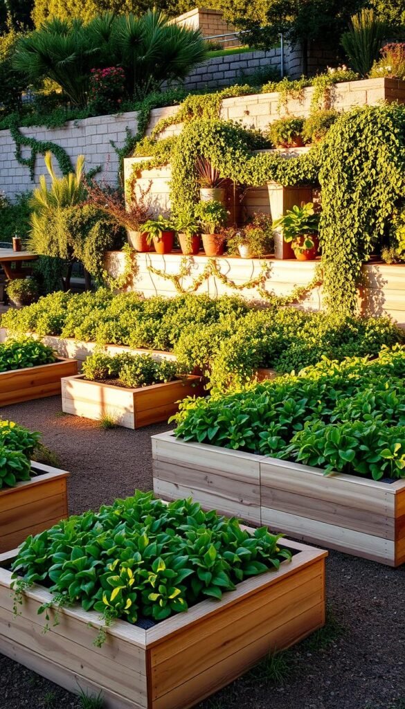 A well-designed garden oasis with neatly arranged raised beds and integrated planters, bathed in warm, golden afternoon light. The foreground features a series of elevated planting areas constructed with natural wood, their geometric shapes complementing the lush greenery spilling over the edges. In the middle ground, a variety of potted plants and trailing vines adorn the tiered structure, creating a sense of layered depth and visual interest. The background showcases a picturesque outdoor setting, perhaps a stone wall or fence, framing the scene and enhancing the feeling of a tranquil, harmonious garden retreat. A well-designed garden oasis with neatly arranged raised beds and integrated planters, bathed in warm, golden afternoon light. The foreground features a series of elevated planting areas constructed with natural wood, their geometric shapes complementing the lush greenery spilling over the edges. In the middle ground, a variety of potted plants and trailing vines adorn the tiered structure, creating a sense of layered depth and visual interest. The background showcases a picturesque outdoor setting, perhaps a stone wall or fence, framing the scene and enhancing the feeling of a tranquil, harmonious garden retreat.