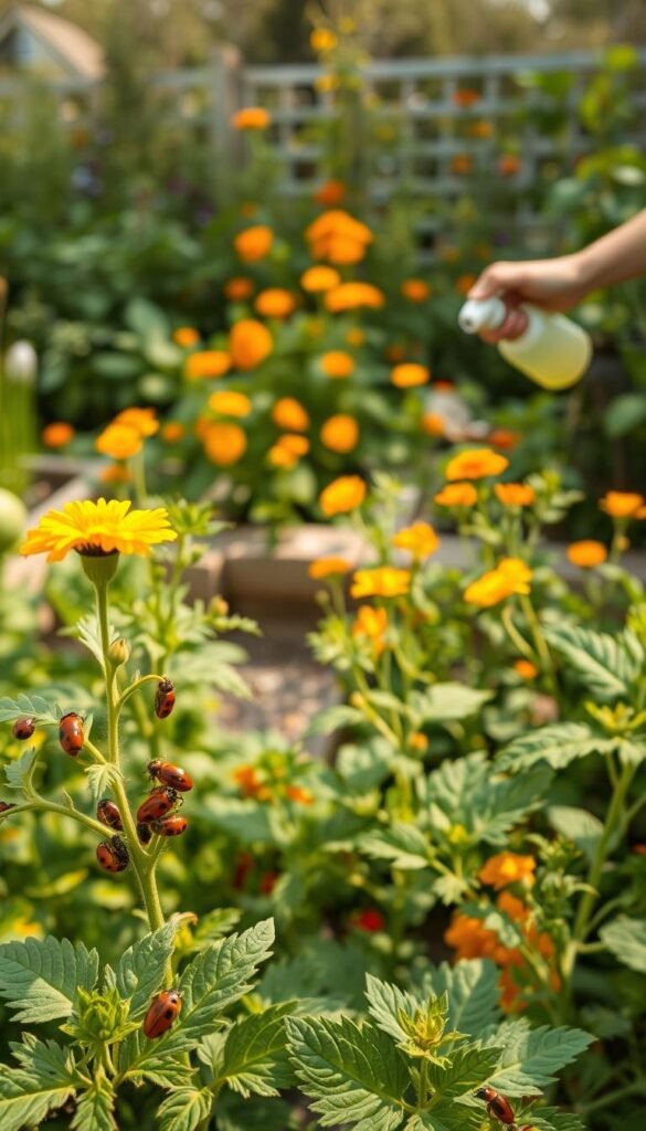 A well-lit, high-resolution image of a lush vegetable garden in the spring, showcasing various natural pest management techniques. In the foreground, a close-up view of ladybugs and lacewings feasting on aphids. In the middle ground, a gardener gently spraying a mixture of neem oil and water on the leaves of tomato plants. In the background, a thriving herb garden, with marigolds and companion plants strategically placed to deter pests. The scene is bathed in warm, soft lighting, creating a serene and harmonious atmosphere. Captured with a wide-angle lens to highlight the garden's overall design and integrated approach to seasonal pest management. A well-lit, high-resolution image of a lush vegetable garden in the spring, showcasing various natural pest management techniques. In the foreground, a close-up view of ladybugs and lacewings feasting on aphids. In the middle ground, a gardener gently spraying a mixture of neem oil and water on the leaves of tomato plants. In the background, a thriving herb garden, with marigolds and companion plants strategically placed to deter pests. The scene is bathed in warm, soft lighting, creating a serene and harmonious atmosphere. Captured with a wide-angle lens to highlight the garden's overall design and integrated approach to seasonal pest management.
