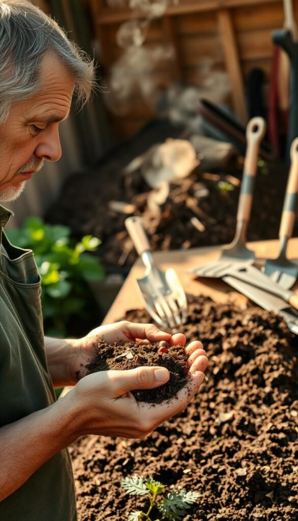 A well-lit, high-resolution image of a soil testing and compost preparation scene. In the foreground, a gardener examines soil samples in their hands, their expression focused and contemplative. Midground, a large compost bin or pile is visible, steam rising from the decomposing organic matter. In the background, various gardening tools, such as spades, rakes, and trowels, are neatly arranged on a wooden table. The lighting is warm and natural, emphasizing the rich, earthy tones of the soil and compost. The overall composition conveys a sense of care, attention to detail, and a dedication to cultivating healthy, nutrient-rich soil for an in-ground vegetable garden. A well-lit, high-resolution image of a soil testing and compost preparation scene. In the foreground, a gardener examines soil samples in their hands, their expression focused and contemplative. Midground, a large compost bin or pile is visible, steam rising from the decomposing organic matter. In the background, various gardening tools, such as spades, rakes, and trowels, are neatly arranged on a wooden table. The lighting is warm and natural, emphasizing the rich, earthy tones of the soil and compost. The overall composition conveys a sense of care, attention to detail, and a dedication to cultivating healthy, nutrient-rich soil for an in-ground vegetable garden.