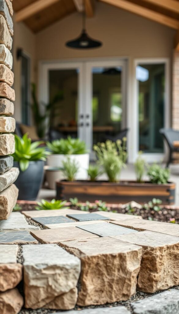 A well-lit, high-resolution image of various weather-resistant materials for indoor and outdoor living spaces. The foreground features a range of durable, textured materials like stone, brick, and weathered wood. The middle ground showcases hardy, low-maintenance plants in planters and garden beds. In the background, a blurred view of a seamless transition between an indoor and outdoor area, with large windows or sliding doors. The lighting is warm and natural, creating a cohesive, harmonious atmosphere. Captured with a wide-angle lens to emphasize the flow between interior and exterior spaces.