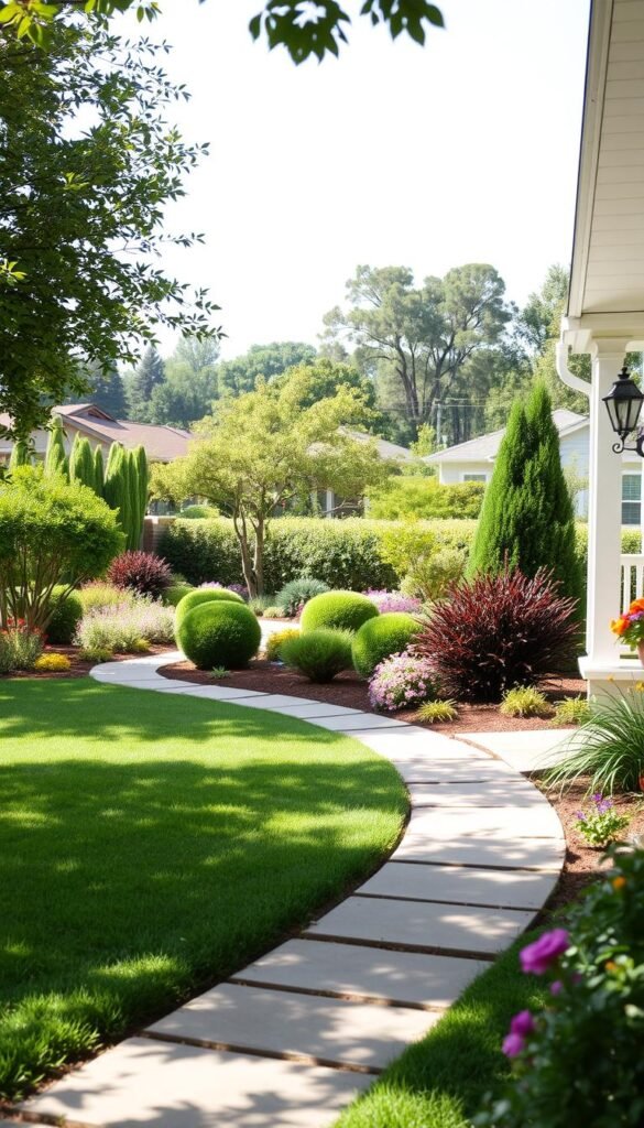 A well-lit outdoor scene showcasing a front yard with lush greenery, carefully curated landscaping, and an inviting entryway. The foreground features a neatly trimmed lawn, vibrant flowers, and a well-maintained path leading to the front door. The middle ground showcases a variety of shrubs, trees, and other ornamental plants, artfully arranged to create visual interest and balance. In the background, a picturesque neighborhood setting with houses, trees, and a clear sky provides a harmonious backdrop. The overall mood is one of tranquility, order, and curb appeal, inviting the viewer to consider how they can enhance the outdoor space of their own front yard.