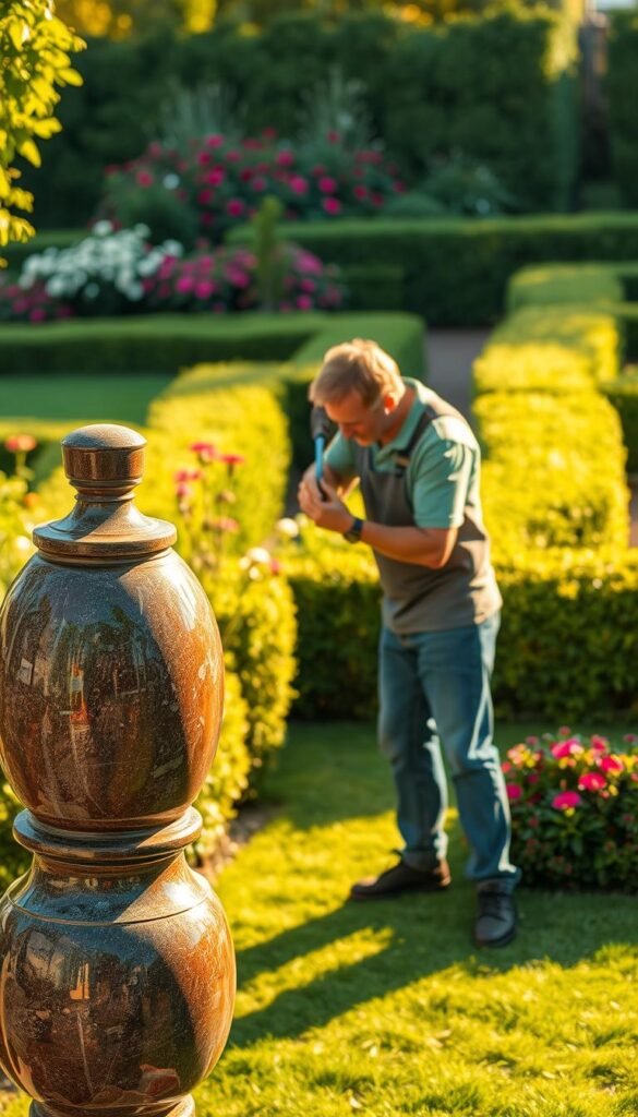 A well-maintained garden sculpture stands in the foreground, its surface glistening with a fresh coat of sealant. In the middle ground, a gardener meticulously cleans the sculpture, using a soft brush to remove any accumulated debris. The background showcases a lush, verdant garden, with vibrant flowers and neatly trimmed hedges, creating a serene and harmonious setting. The scene is bathed in warm, golden sunlight, casting gentle shadows and highlighting the intricate details of the sculpture. The overall mood is one of diligence, care, and appreciation for the sculptural elements that enhance the garden's visual appeal.