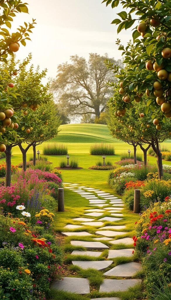 A wide, lush garden layout featuring an array of bountiful fruit trees. In the foreground, a meandering stone path winds through a flourishing understory of vibrant wildflowers and verdant groundcover. Framing the scene, a row of mature apple, pear, and cherry trees line the perimeter, their branches heavy with ripe, juicy fruit. The midground showcases a gently sloping lawn dotted with clusters of blooming shrubs and occasional ornamental features. In the distance, a wispy tree canopy frames the sky, casting a warm, golden glow across the idyllic setting. Crisp, high-resolution rendering with a shallow depth of field, emphasizing the garden's peaceful, inviting atmosphere.