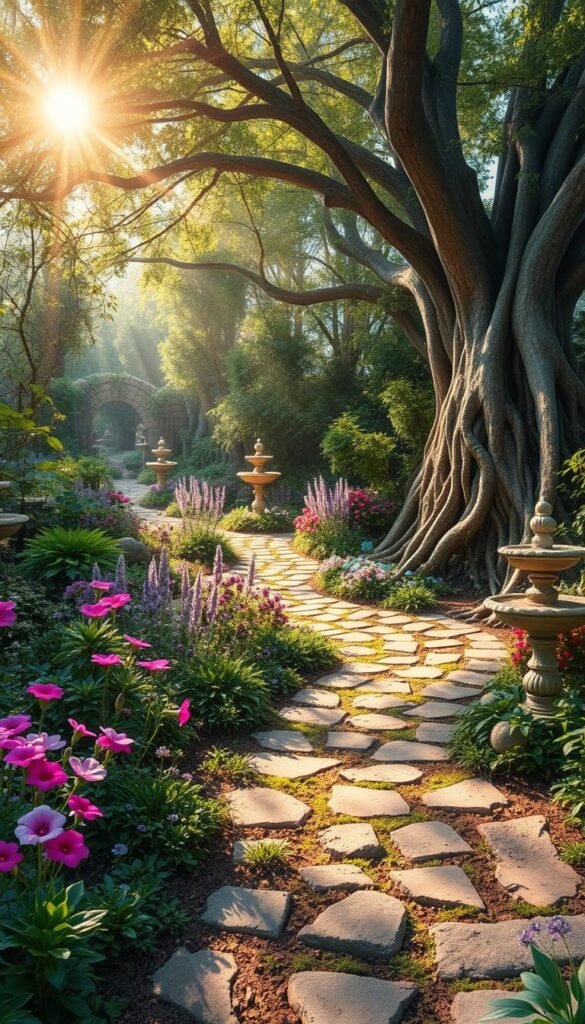 A winding pathway meanders through an enchanted garden, lined with whimsical flora and fauna. Sunlight filters through a canopy of lush, verdant foliage, casting a warm, magical glow over the scene. Delicate flowers in vibrant hues - fuchsia, lavender, and azure - bloom along the path, their petals seeming to dance in a gentle breeze. Gnarled tree roots protrude from the earth, twisting and turning to create a sense of mysticism. Ornate stone arches and fountains dot the landscape, further enhancing the fairytale-like ambiance. A sense of wonder and tranquility permeates the air, inviting the viewer to step into this captivating, otherworldly realm.