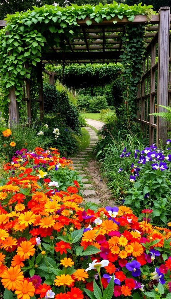 An enchanting edible flower garden, brimming with vibrant hues and delicate petals. In the foreground, an assortment of blooms - calendula, nasturtiums, and violets - cascade across a lush, well-tended bed. The middle ground reveals a meandering path, flanked by fragrant herbs and trailing vines, inviting visitors to explore the bounty. In the background, a weathered wooden trellis supports a verdant canopy of edible climbers, casting a soft, dappled light over the entire scene. The overall composition exudes a sense of harmony, where form and function seamlessly intertwine, creating a visually captivating and functionally abundant edible garden design. An enchanting edible flower garden, brimming with vibrant hues and delicate petals. In the foreground, an assortment of blooms - calendula, nasturtiums, and violets - cascade across a lush, well-tended bed. The middle ground reveals a meandering path, flanked by fragrant herbs and trailing vines, inviting visitors to explore the bounty. In the background, a weathered wooden trellis supports a verdant canopy of edible climbers, casting a soft, dappled light over the entire scene. The overall composition exudes a sense of harmony, where form and function seamlessly intertwine, creating a visually captivating and functionally abundant edible garden design.