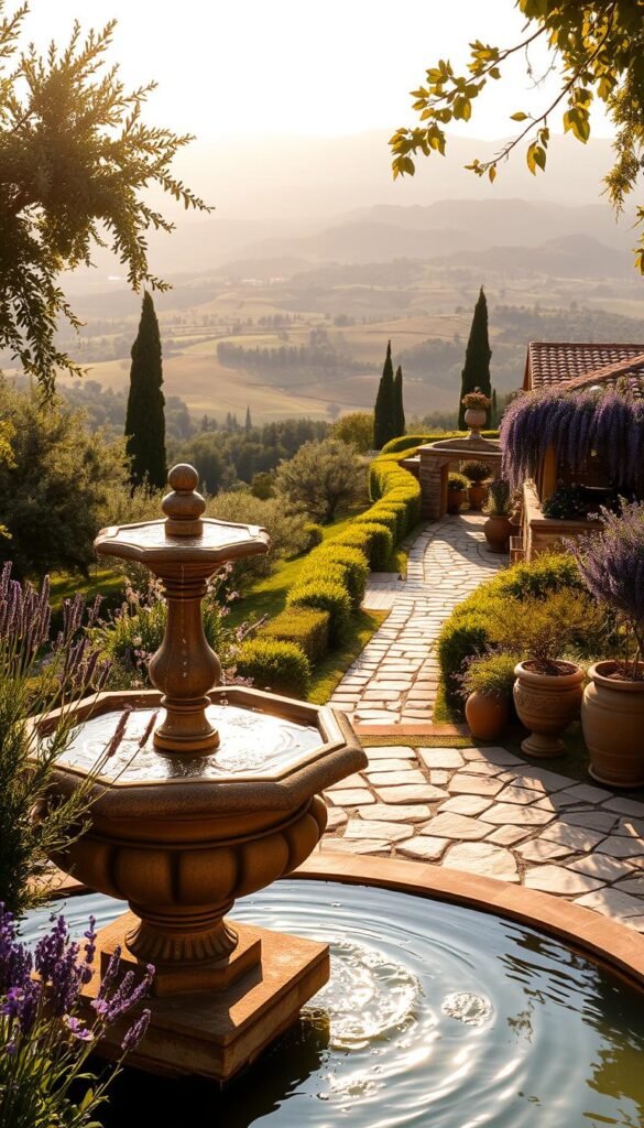 An expansive Tuscan garden bathed in golden afternoon light, with a central water feature as the focal point. In the foreground, a elegant stone fountain spills crystalline water into a tranquil pool, surrounded by lush Mediterranean greenery - fragrant lavender, cascading vines, and weathered terracotta planters. The middle ground reveals a meandering stone pathway that leads the eye through the garden, past a serene koi pond and a charming gazebo draped in wisteria. The background is filled with rolling hills, olive groves, and a distant villa, all infused with a warm, timeless ambiance.