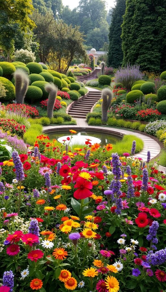 An expansive, lush Chelsea Flower Show garden, bursting with vibrant blooms and artful landscaping. The foreground showcases a manicured floral border, with a diverse array of colorful perennials and annuals in full bloom. In the middle ground, a serene water feature reflects the surrounding greenery, its surface gently rippling. Meandering stone pathways lead the eye to the background, where ornamental trees and shrubs frame the scene, creating a sense of depth and enclosure. Warm, diffused natural lighting filters through the foliage, casting soft shadows and highlighting the garden's textures and details. The overall atmosphere evokes a sense of tranquility, inspiration, and the beauty of thoughtfully designed outdoor spaces.