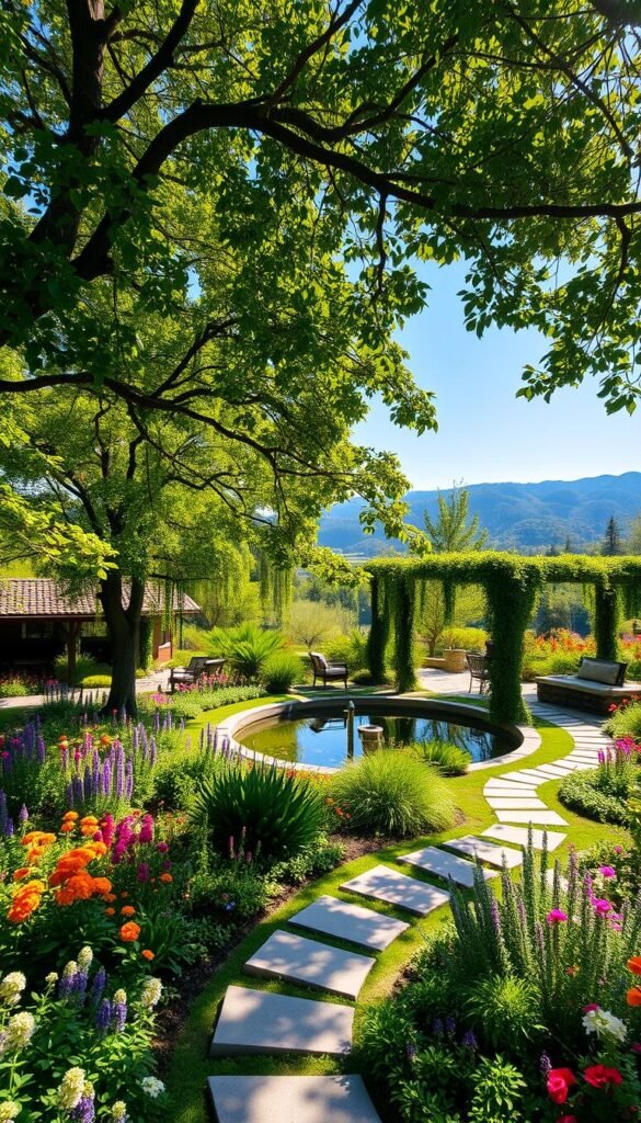 An expansive, lush outdoor oasis garden, with a serene pond at the center, surrounded by a verdant canopy of mature trees and flourishing flower beds. In the foreground, a winding stone path leads visitors through a vibrant array of blooming perennials and fragrant herbs. The middle ground features a tranquil seating area, shaded by a pergola draped in cascading vines. Dappled sunlight filters through the leafy boughs, casting a warm, golden glow across the scene. The background showcases a rolling landscape, dotted with distant hills and a clear, azure sky. This idyllic setting exudes a sense of peace, balance, and harmony, inviting one to pause, relax, and immerse oneself in the natural beauty of this outdoor haven. An expansive, lush outdoor oasis garden, with a serene pond at the center, surrounded by a verdant canopy of mature trees and flourishing flower beds. In the foreground, a winding stone path leads visitors through a vibrant array of blooming perennials and fragrant herbs. The middle ground features a tranquil seating area, shaded by a pergola draped in cascading vines. Dappled sunlight filters through the leafy boughs, casting a warm, golden glow across the scene. The background showcases a rolling landscape, dotted with distant hills and a clear, azure sky. This idyllic setting exudes a sense of peace, balance, and harmony, inviting one to pause, relax, and immerse oneself in the natural beauty of this outdoor haven.