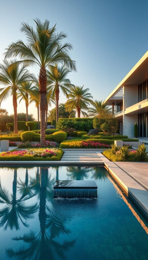 An expansive, modern landscape design featuring an elegant array of diverse elements. In the foreground, a serene reflecting pool with smooth, clean lines and a cascading water feature creating a calming ambiance. The middle ground showcases lush, manicured greenery - a mix of towering palm trees, vibrant flowering plants, and neatly trimmed shrubs. In the background, a sleek, minimalist architectural structure with floor-to-ceiling windows, allowing natural light to flood the space. The scene is illuminated by a warm, golden hour glow, casting long shadows and highlighting the harmonious blend of natural and manmade components. Overall, a stunning, contemporary interpretation of an outdoor living space.
