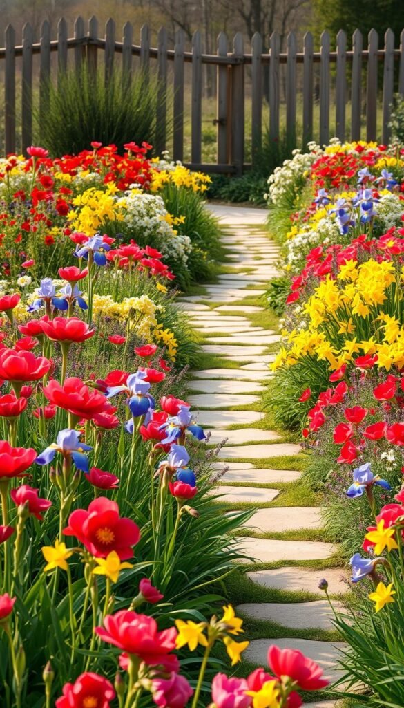 An expansive perennial garden in full, vibrant bloom. The foreground features a colorful tapestry of flowering plants - bold red peonies, delicate purple irises, and cheerful yellow daffodils, all swaying gently in a warm breeze. The middle ground showcases a meandering stone path leading through the lush beds, inviting the viewer to explore. In the background, a picturesque wooden fence frames the scene, providing structure and a sense of enclosure. The lighting is soft and natural, casting a golden glow over the entire garden. The overall mood is one of serene abundance, a true celebration of the cyclical beauty of a perennial landscape. An expansive perennial garden in full, vibrant bloom. The foreground features a colorful tapestry of flowering plants - bold red peonies, delicate purple irises, and cheerful yellow daffodils, all swaying gently in a warm breeze. The middle ground showcases a meandering stone path leading through the lush beds, inviting the viewer to explore. In the background, a picturesque wooden fence frames the scene, providing structure and a sense of enclosure. The lighting is soft and natural, casting a golden glow over the entire garden. The overall mood is one of serene abundance, a true celebration of the cyclical beauty of a perennial landscape.