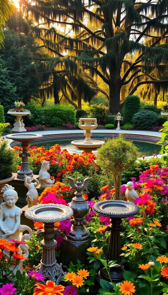An ornate, lush garden bursting with life and vibrant colors. In the foreground, a variety of meticulously crafted garden ornaments and decor elements - intricate birdbaths, ornamental plant holders, and whimsical statues. The middle ground features a well-manicured flowerbed, with a mix of blooming flowers in warm hues. The background showcases a tranquil water feature, its surface reflecting the surrounding greenery. Warm, golden sunlight filters through the canopy of tall, mature trees, casting a serene, idyllic atmosphere. The scene evokes a sense of harmony, inviting the viewer to imagine themselves immersed in this captivating, visually striking garden oasis.