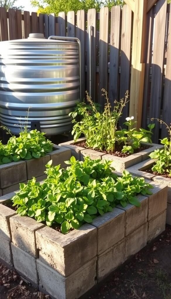 An outdoor garden scene featuring several concrete block raised garden beds filled with lush, vibrant plants. The beds are situated next to a large metal stock tank, creating a rustic, functional arrangement. Warm, natural lighting filters through the scene, casting soft shadows and highlighting the textured surfaces of the concrete and metal. The background features a wooden fence or trellis, adding depth and framing the garden composition. The overall aesthetic is one of simplicity, practicality, and a connection to nature, inviting the viewer to imagine a thriving, productive garden space.