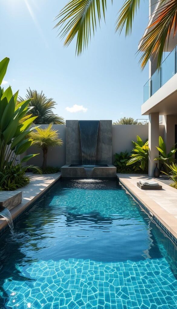 Backyard oasis with a stunning water feature: a serene, modern design with a rectangular pool, surrounded by lush greenery and natural stone accents. Sunlight gently cascades over the glistening water, creating mesmerizing reflections. In the background, a sleek water fountain or cascading waterfall adds a soothing ambiance. The scene exudes a sense of luxury and tranquility, seamlessly blending the indoor and outdoor living spaces. The overall composition emphasizes clean lines, minimalist aesthetics, and a harmonious integration of water, plants, and contemporary architectural elements.