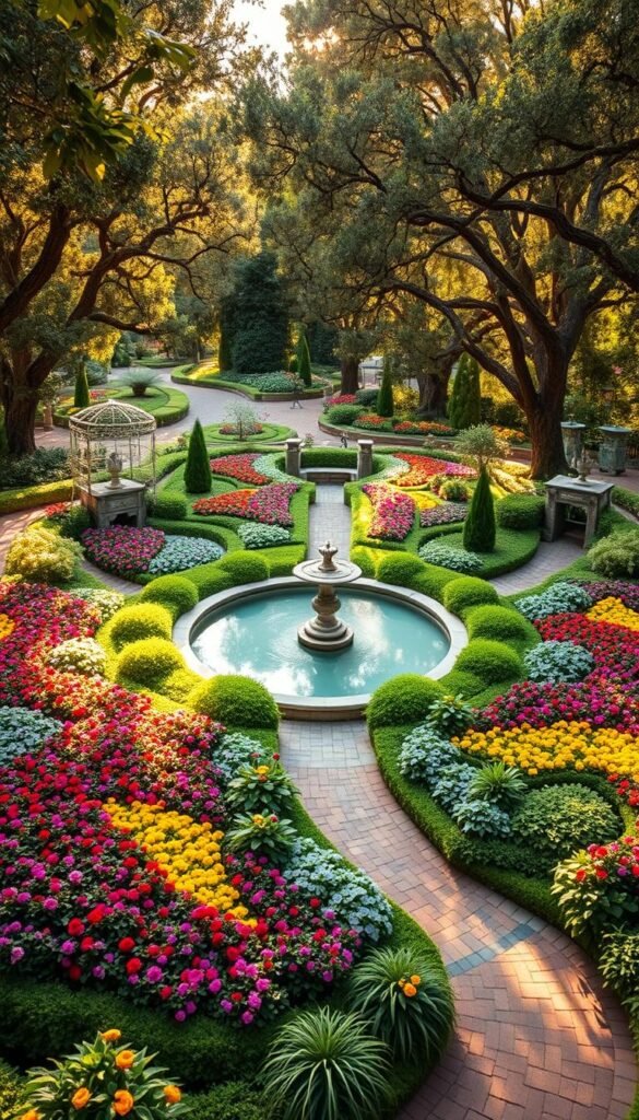 Circular garden with lush, vibrant greenery and a captivating center feature. Meticulously manicured beds of colorful flowers surround a serene, reflective pool or fountain. Warm, natural lighting filters through the canopy of mature trees, casting gentle shadows across the serene landscape. Winding stone or brick pathways invite exploration, leading visitors through this harmonious, self-contained oasis. Intricately designed garden elements like trellises, statues or ornamental structures add visual interest and a sense of intentionality to the overall composition. The scene exudes a tranquil, inviting atmosphere, inspiring creativity and wonder. Circular garden with lush, vibrant greenery and a captivating center feature. Meticulously manicured beds of colorful flowers surround a serene, reflective pool or fountain. Warm, natural lighting filters through the canopy of mature trees, casting gentle shadows across the serene landscape. Winding stone or brick pathways invite exploration, leading visitors through this harmonious, self-contained oasis. Intricately designed garden elements like trellises, statues or ornamental structures add visual interest and a sense of intentionality to the overall composition. The scene exudes a tranquil, inviting atmosphere, inspiring creativity and wonder.