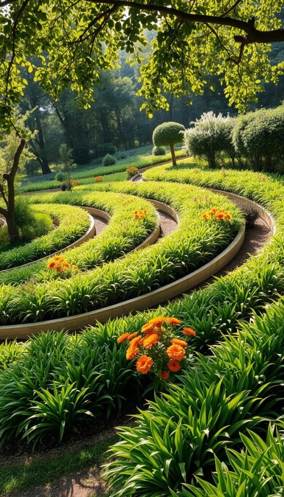 Curved garden beds with lush, verdant foliage winding through a tranquil, sun-dappled landscape. The beds feature graceful, undulating lines that create a sense of fluid movement, guiding the eye through the scene. Vibrant blooms in warm, earthy tones dot the beds, adding pops of color that complement the rich greens. Soft, diffused lighting filters through leafy overhead canopies, casting gentle shadows and imbuing the scene with a serene, dreamlike atmosphere. The beds are situated on a gently sloping terrain, adding depth and dimension to the composition. This idyllic setting evokes a harmonious, cohesive garden design that invites exploration and contemplation.