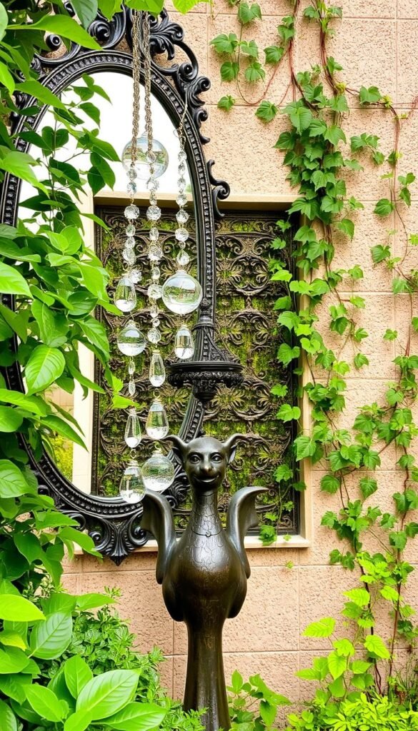 Decorative wall elements in a lush garden setting. The foreground features an ornate metal frame mirror reflecting the verdant foliage. Hanging from the frame are delicate glass orbs and crystals that catch the soft, diffused lighting. In the middle ground, a bronze sculpture of a mythical creature appears to emerge from the greenery. The background showcases a textured stucco wall adorned with intricate tile patterns and trailing vines, creating a harmonious blend of natural and man-made elements. The overall scene exudes a sense of elegance, tranquility, and a touch of the whimsical. Decorative wall elements in a lush garden setting. The foreground features an ornate metal frame mirror reflecting the verdant foliage. Hanging from the frame are delicate glass orbs and crystals that catch the soft, diffused lighting. In the middle ground, a bronze sculpture of a mythical creature appears to emerge from the greenery. The background showcases a textured stucco wall adorned with intricate tile patterns and trailing vines, creating a harmonious blend of natural and man-made elements. The overall scene exudes a sense of elegance, tranquility, and a touch of the whimsical.