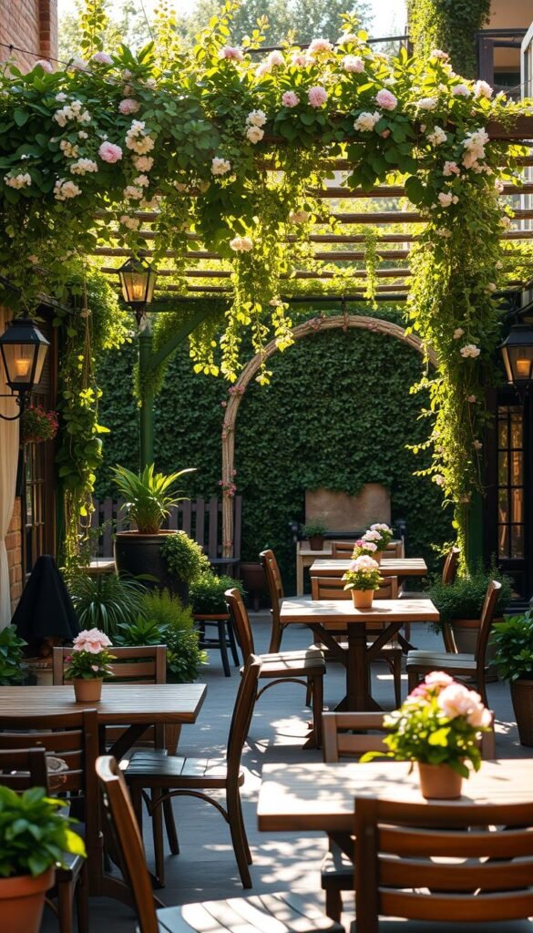 Design a Cozy Cafe Garden Outdoors for Socializing and Relaxation