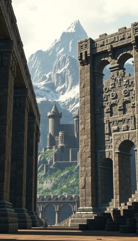 Detailed, massive stone structures dominate a Minecraft world, rising from the ground with commanding presence. In the foreground, towering pillars and arches cast dramatic shadows, their weathered surfaces textured with intricate carvings. The middle ground features a sprawling castle, its thick walls and sturdy towers evoking a sense of medieval grandeur. In the background, rugged mountains loom, their peaks capped with snow and shrouded in moody, atmospheric lighting. The overall scene conveys a striking balance of scale, power, and ancient, timeless beauty, perfectly suited to complement the "Large Stone Structures" section of the article. Detailed, massive stone structures dominate a Minecraft world, rising from the ground with commanding presence. In the foreground, towering pillars and arches cast dramatic shadows, their weathered surfaces textured with intricate carvings. The middle ground features a sprawling castle, its thick walls and sturdy towers evoking a sense of medieval grandeur. In the background, rugged mountains loom, their peaks capped with snow and shrouded in moody, atmospheric lighting. The overall scene conveys a striking balance of scale, power, and ancient, timeless beauty, perfectly suited to complement the "Large Stone Structures" section of the article.