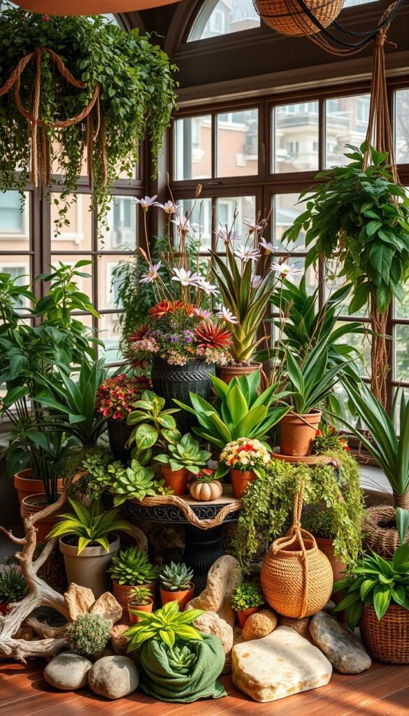 Intricate indoor garden design elements with lush, vibrant foliage, delicate flowers, and rustic, natural textures. A focal point centerpiece of various potted plants arranged in a harmonious composition, bathed in warm, ambient lighting from a large window. Surrounding the display, an assortment of smaller potted plants, trailing vines, and natural decor items like driftwood, rocks, and natural fiber baskets. The scene exudes a tranquil, serene atmosphere, inviting the viewer to experience the calming presence of nature indoors.
