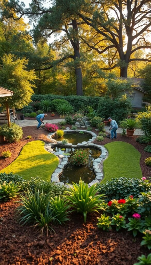Landscaping process steps: a lush, verdant backyard transitioning from a neglected state to a flourishing garden oasis. In the foreground, workers meticulously preparing the soil, laying sod, and planting vibrant flowers and shrubs. In the middle ground, a small pond takes shape, its calm waters reflecting the surrounding greenery. In the background, towering trees frame the scene, casting warm, golden light across the entire landscape. The overall mood is one of transformation, rejuvenation, and the harmonious integration of human effort and natural beauty.