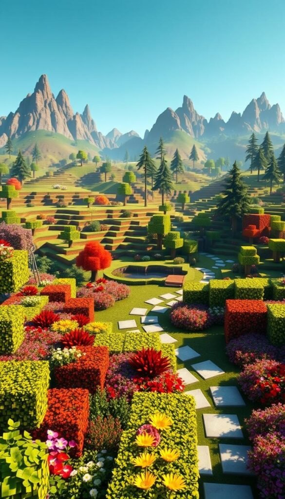Lush, blocky garden filled with vibrant Minecraft-inspired elements. In the foreground, a mix of square hedges, flowers, and bushes in a variety of bright, saturated colors. The middle ground features a combination of stone path blocks and grass blocks, leading to a small pond with a wooden pier. In the background, rolling hills dotted with trees and tall, jagged mountain peaks, all rendered in the distinctive Minecraft aesthetic. Warm, natural lighting casts long shadows, creating a sense of depth and dimensionality. The overall scene evokes a whimsical, playful atmosphere, seamlessly blending the virtual and the real. Lush, blocky garden filled with vibrant Minecraft-inspired elements. In the foreground, a mix of square hedges, flowers, and bushes in a variety of bright, saturated colors. The middle ground features a combination of stone path blocks and grass blocks, leading to a small pond with a wooden pier. In the background, rolling hills dotted with trees and tall, jagged mountain peaks, all rendered in the distinctive Minecraft aesthetic. Warm, natural lighting casts long shadows, creating a sense of depth and dimensionality. The overall scene evokes a whimsical, playful atmosphere, seamlessly blending the virtual and the real.